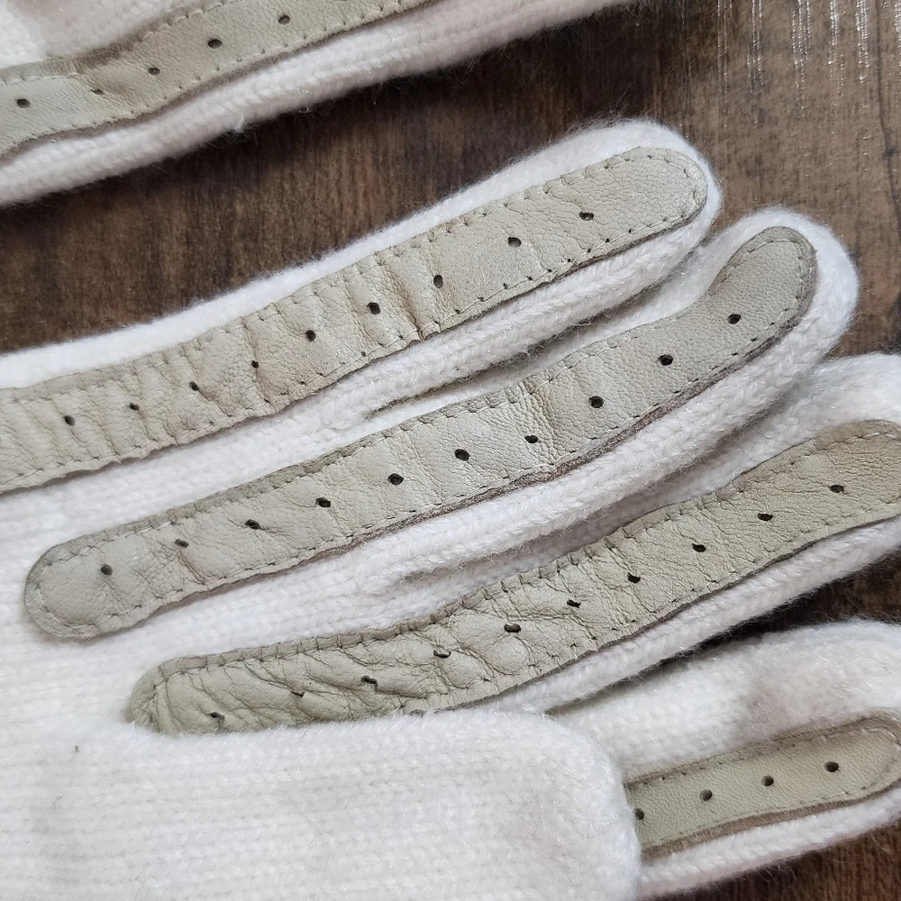 VINTAGE 80s OFF WHITE WOOL GLOVES BEIGE LEATHER TRIM SMALL ELEGANT